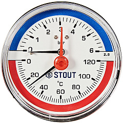 Термоманометр Stout аксиальный с автоматическим запорным клапаном, Dn 80 мм 1/2 , 0...120C, 0-10 бар