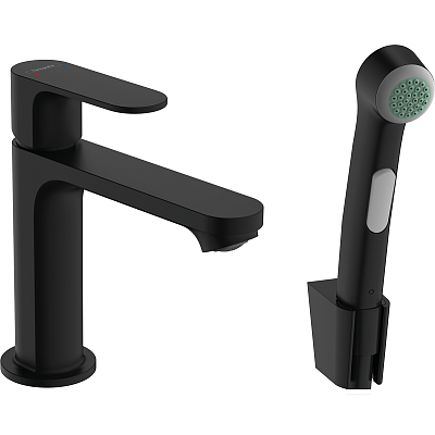 Смеситель для раковины Hansgrohe Rebris S 110, с гигиеническим душем, матовый черный 72215670