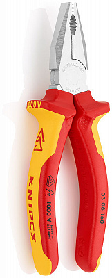 Плоскогубцы KNIPEX комб. VDE, рез: провол. ср. d 3.4 мм, твёрд. d 2.2 мм, кабель d 12 мм (16 мм?), L-180 мм, хром, 2К ручки