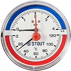 Термоманометр Stout аксиальный с автоматическим запорным клапаном, Dn 80 мм 1/2 , 0...120C, 0-4 бар