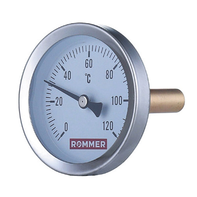 Термометр Rommer биметаллический с погружной гильзой (100 мм), 100 мм, 0...120, 1/2 Термометр Rommer биметаллический с погружной гильзой (100 мм), 100 мм, 0...120, 1/2
