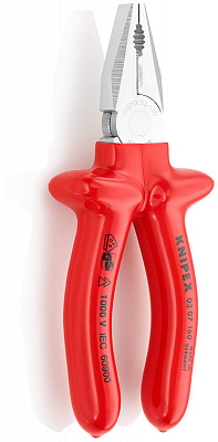 Плоскогубцы KNIPEX комб. VDE, рез: провол. ср. d 3.8 мм, твёрд. d 2.5 мм, кабель d 13 мм (16 мм?), L-200 мм, хром, 1К ручки