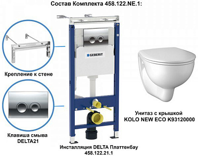 Комплект Geberit подвесной унитаз, инсталляция, кнопка, сиденье 458.122.NE.1