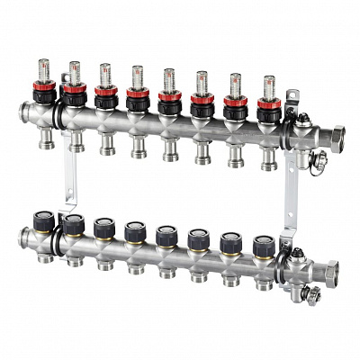 Коллектор Oventrop Multidis SF 6, нержавеющая сталь, 1 x 3/4 дюйма, с ротаметрами 0-5 л/мин. на подаче Коллектор Oventrop Multidis SF 6, нержавеющая сталь, 1 x 3/4 дюйма, с ротаметрами 0-5 л/мин. на подаче