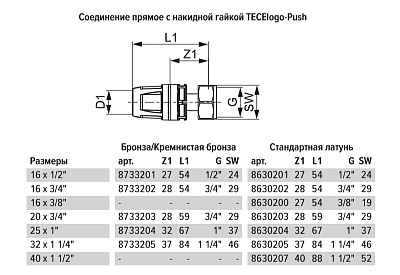 Соединение TECE TECElogo прямое с накидной гайкой 32 х 11/4, бронза