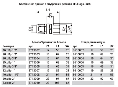 Соединение TECE TECElogo прямое с внутренней резьбой 32 х 1, бронза