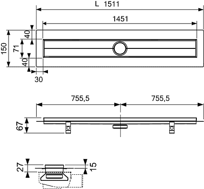 Канал дренажный TECE TECEdrainline, 1500 мм