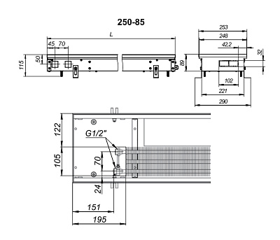 Внутрипольный конвектор с вентилятором Techno KVZV 250-85-2400