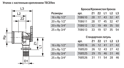 Уголок TECE TECEflex с настенным креплением 20 х 1 2, бронза, внутренняя резьба