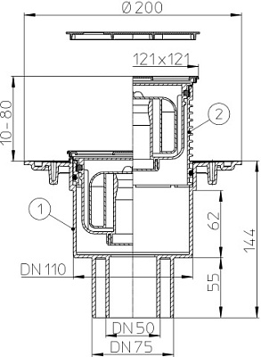 Трап HL 310NPr-3000 с Сухим сифоном, с решеткой 037Pr.11E - Цвет золото